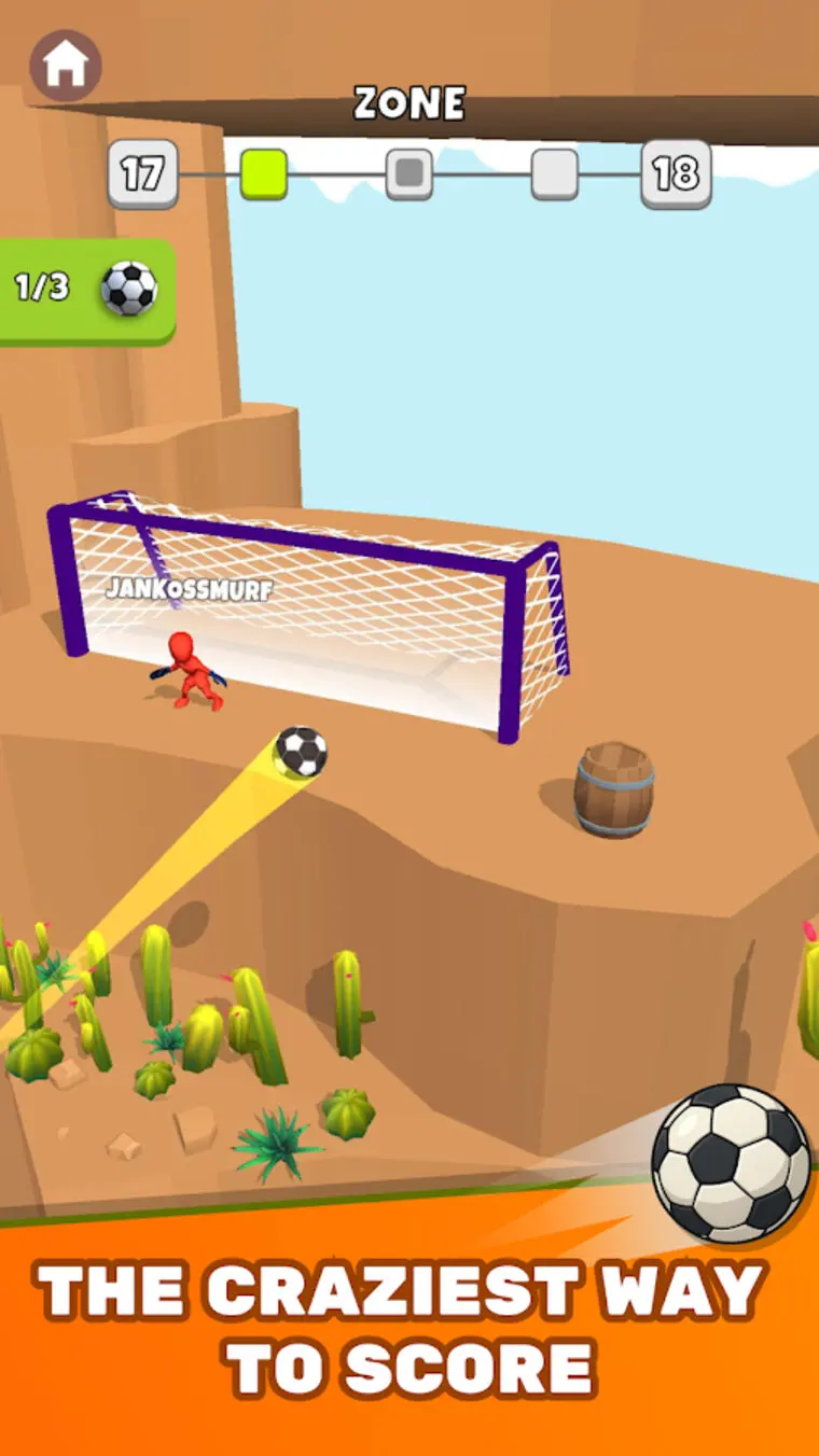 Schermata di Crazy Kick!: un pallone lanciato verso una porta viola in uno scenario desertico con cactus, zona 17 di 18.