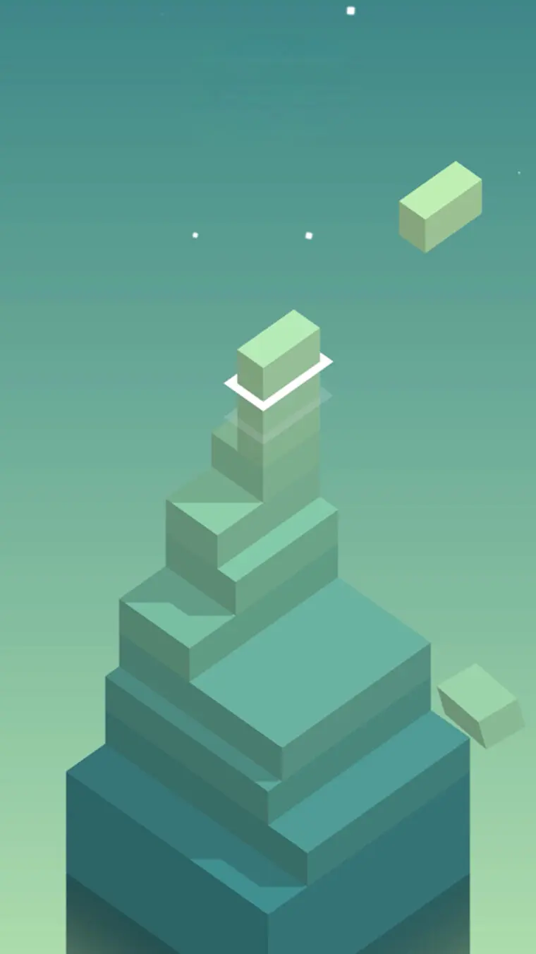 Schermata di Stack: una torre isometrica di blocchi verdi e turchesi impilati con precisione decrescente, con un blocco fluttuante in cima.