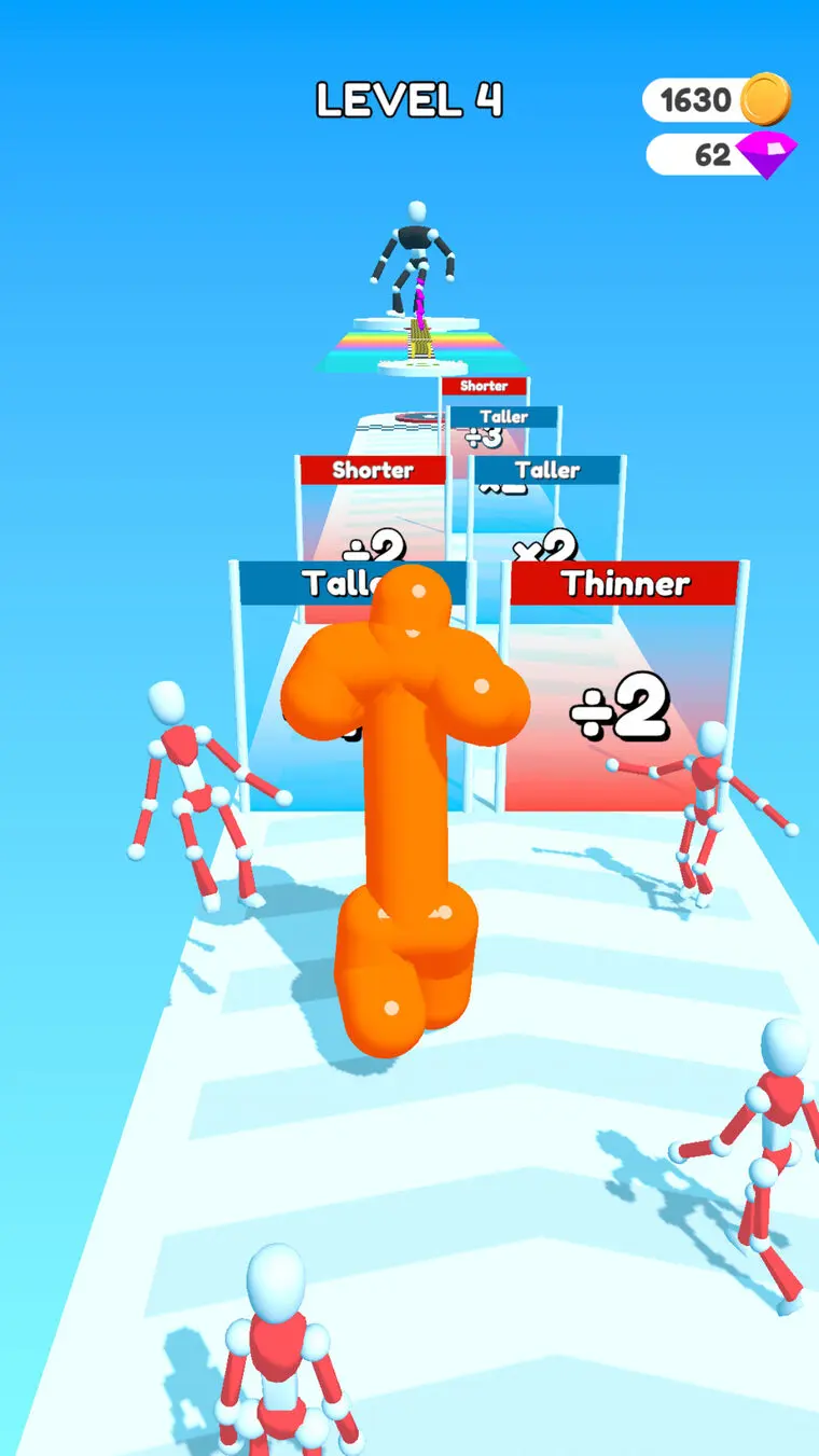 Schermata di Tall Man Run: un omino arancione allungato e deformato attraversa cancelli con le scritte Taller, Shorter e Thinner che modificano la sua forma.